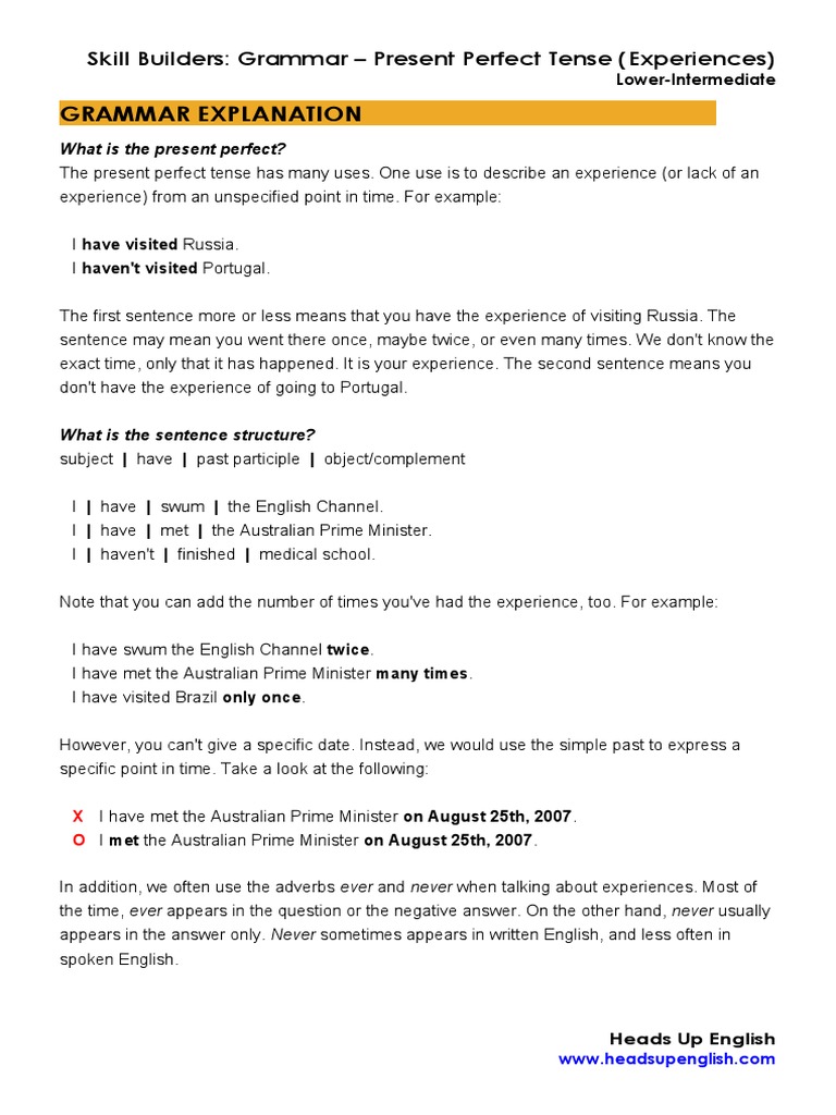Present Perfect for Experiences Guide | PDF | Perfect (Grammar ...
