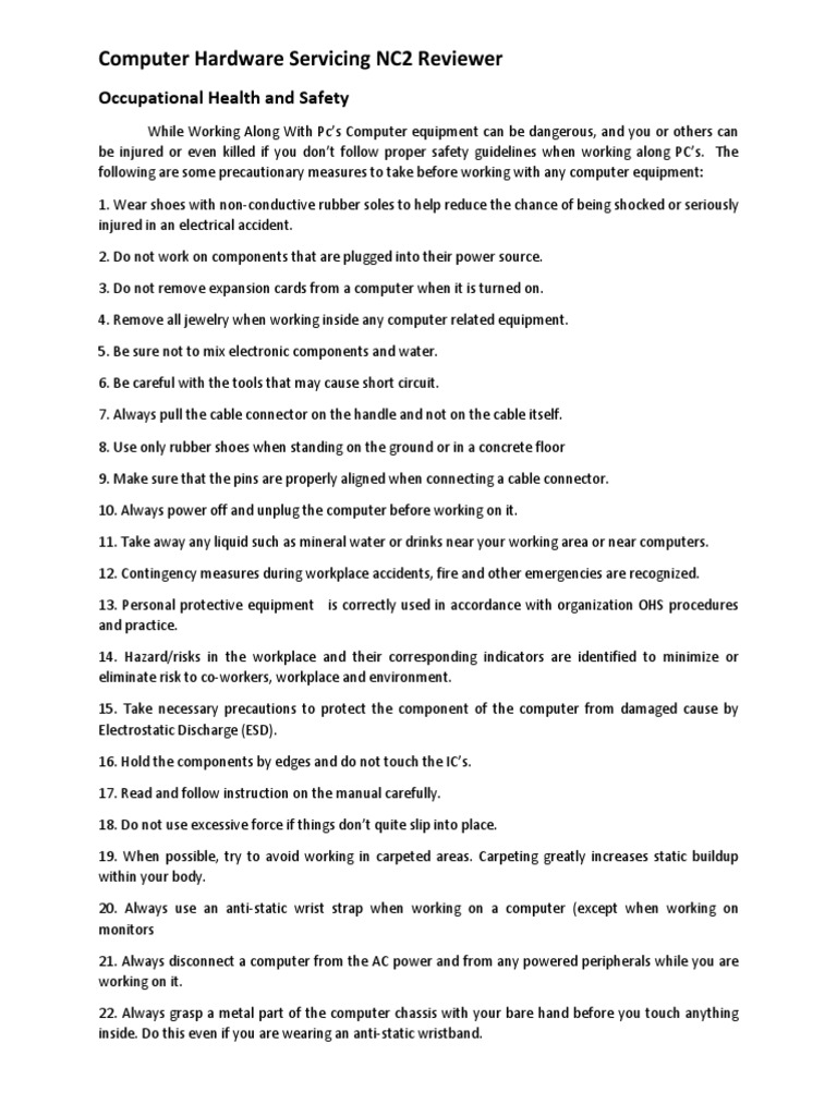 Computer Hardware Servicing NC2 Reviewer Occupational Health and