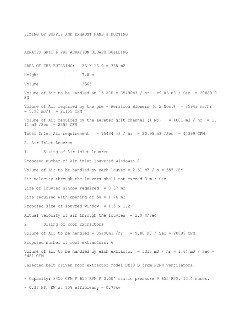 Sizing of Supply and Exhaust Fans & Ducting for Aerated Grit & Pre