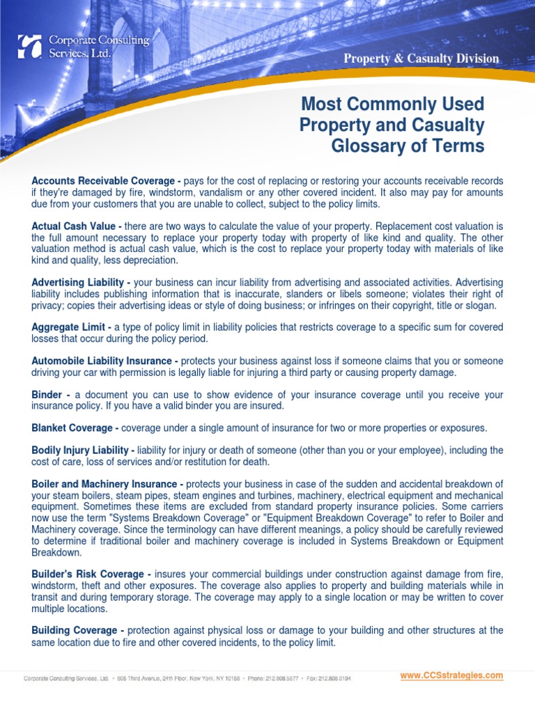 Property and Casualty Glossary of Terms Liability Insurance