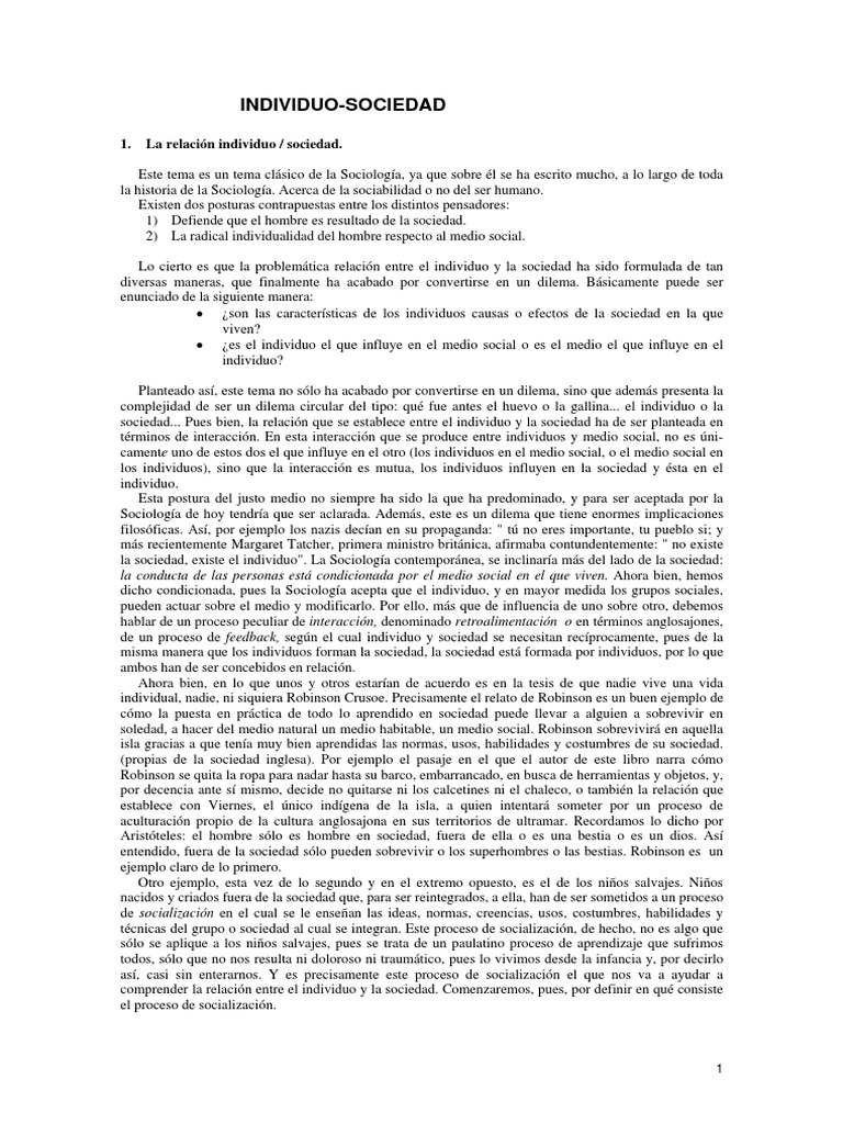 Relación entre Individuo y Sociedad | PDF | Socialización | Sociedad
