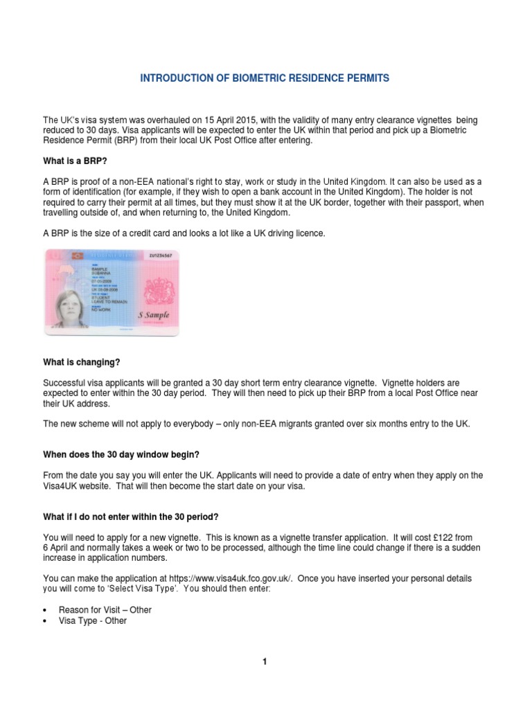 Biometric Residence Permits (BRP) Travel Visa Passport