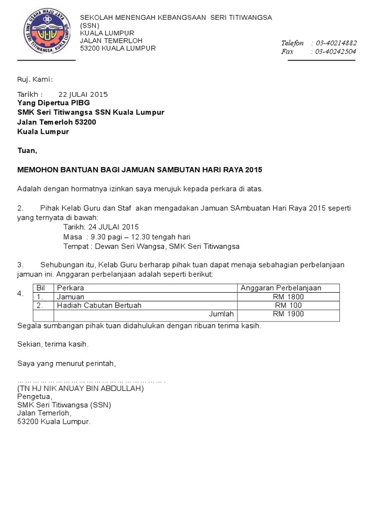 Surat Mohon Tajaan Pibg Jamuan Hari Raya