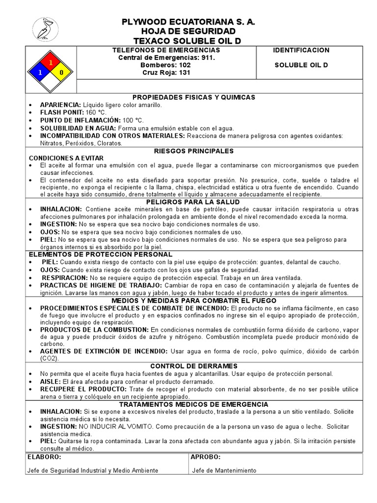 Hoja de Seguridad Aceite Soluble Oil D PDF Contaminación Agua