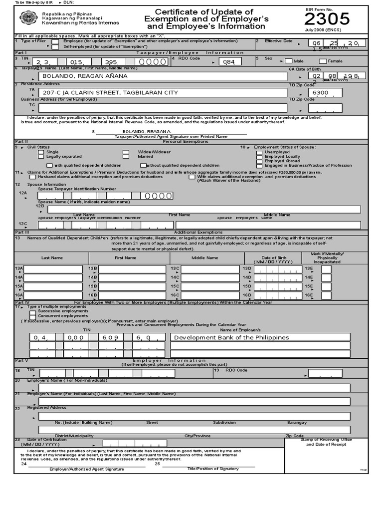 BIR FORM NO. 2305 Certificate of Update of Exemption and Employers and