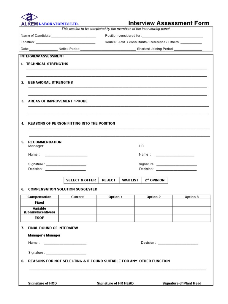 Interview Assessment Form Template | PDF