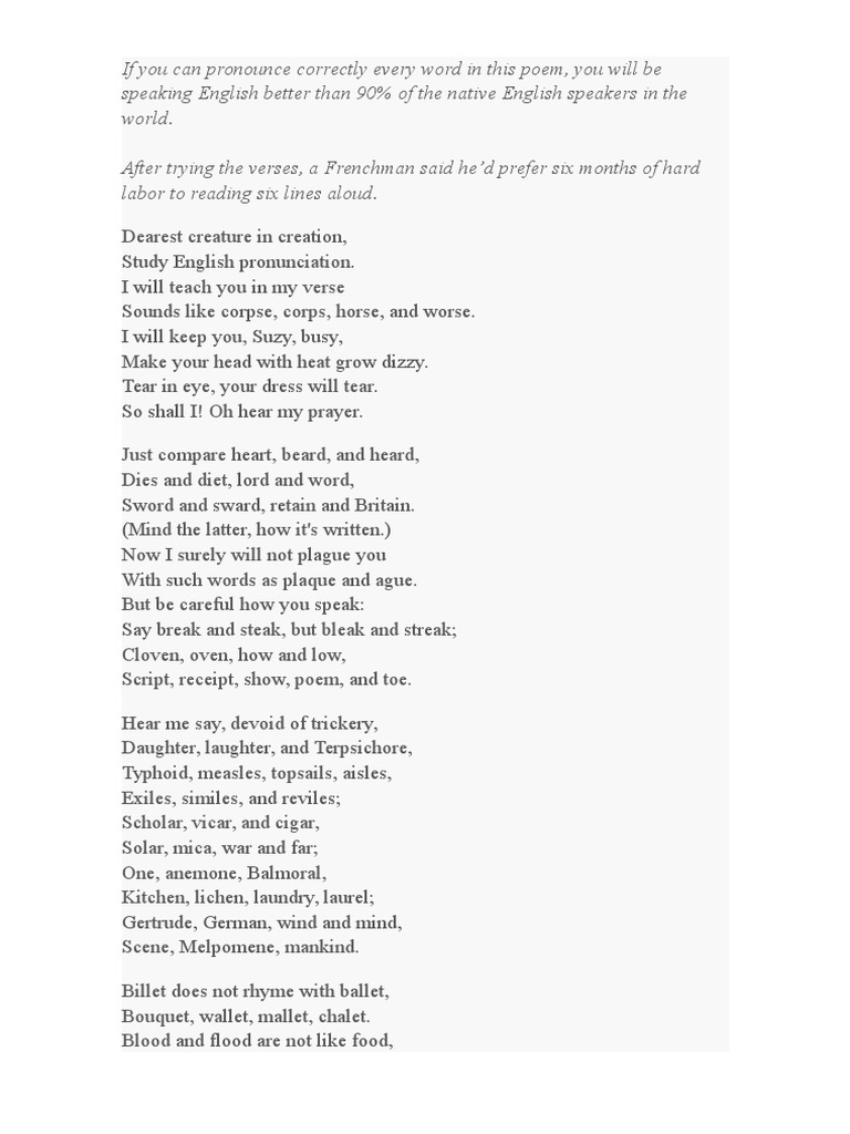 If You Can Pronounce Correctly Every Word in This Poem | PDF