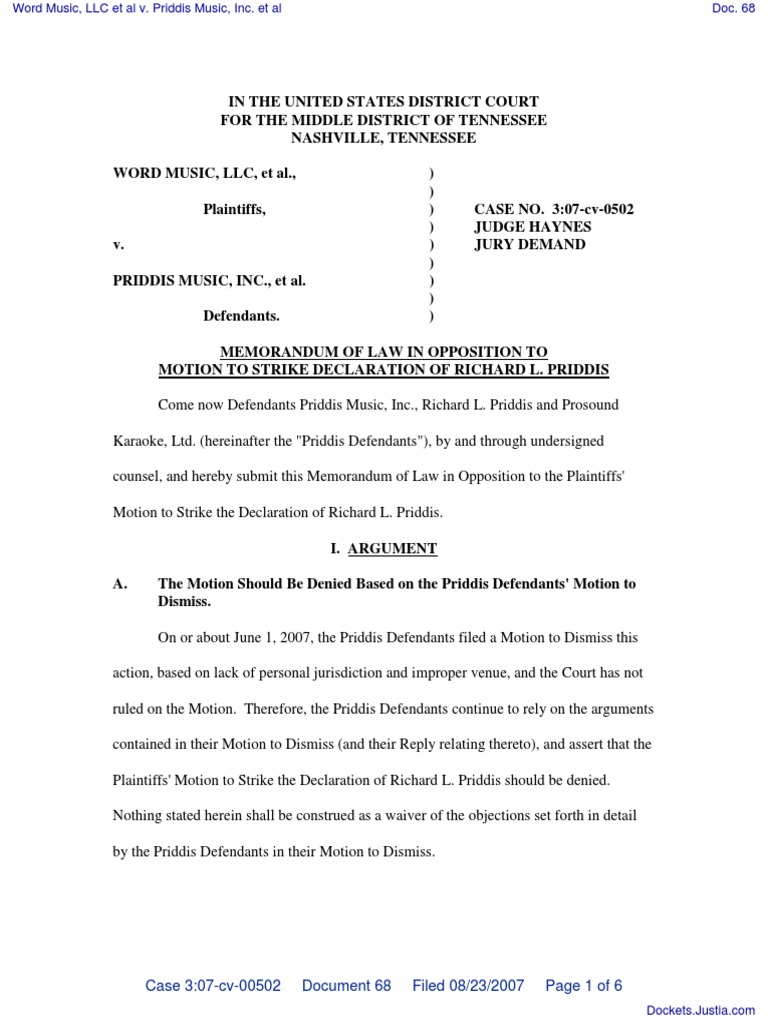 Word Music, LLC Et Al v. Priddis Music, Inc. Et Al Document No. 68