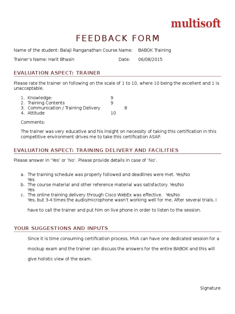 BABOK Training Feedback Form | PDF