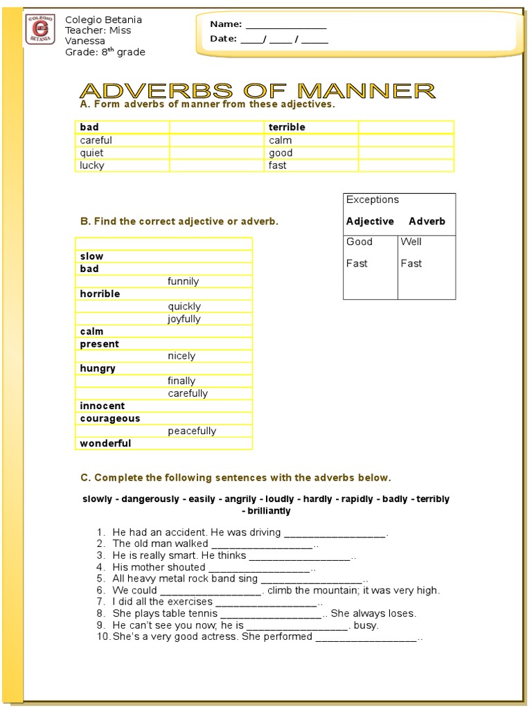 Adverbs of Manner Worksheet Exercises | PDF