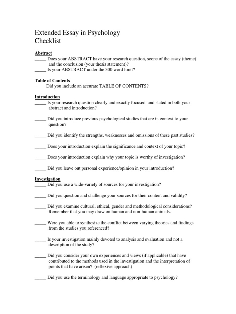 psychology dissertation checklist