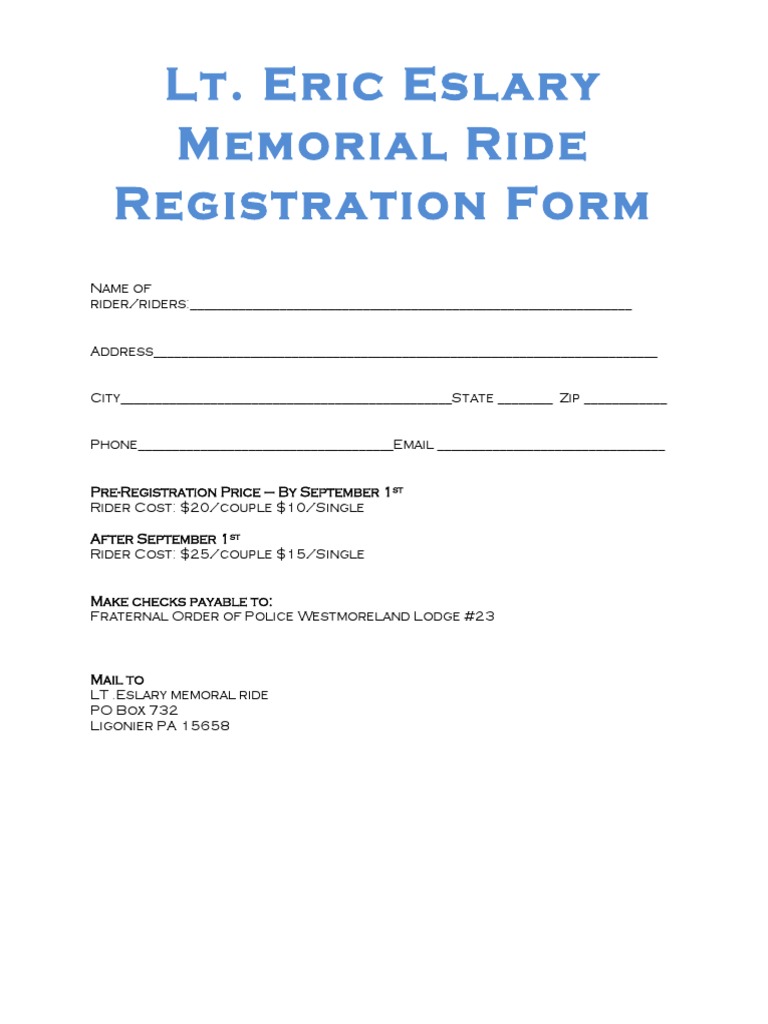 Lt. Eric Eslary Memorial Ride Registration Form | PDF | Sports ...
