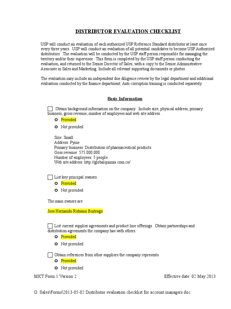 20130502 Distributor Evaluation Checklist For Account Managers