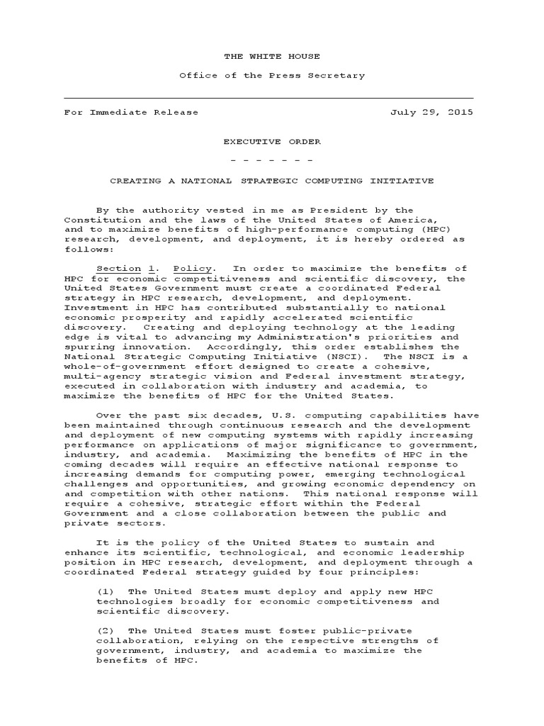 Executive Order On National Strategic Computing Initiative | PDF ...