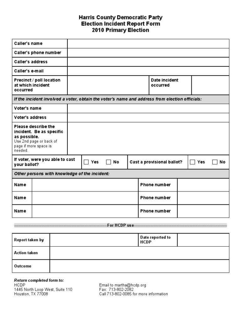 Harris County Election Incident Report Form | PDF