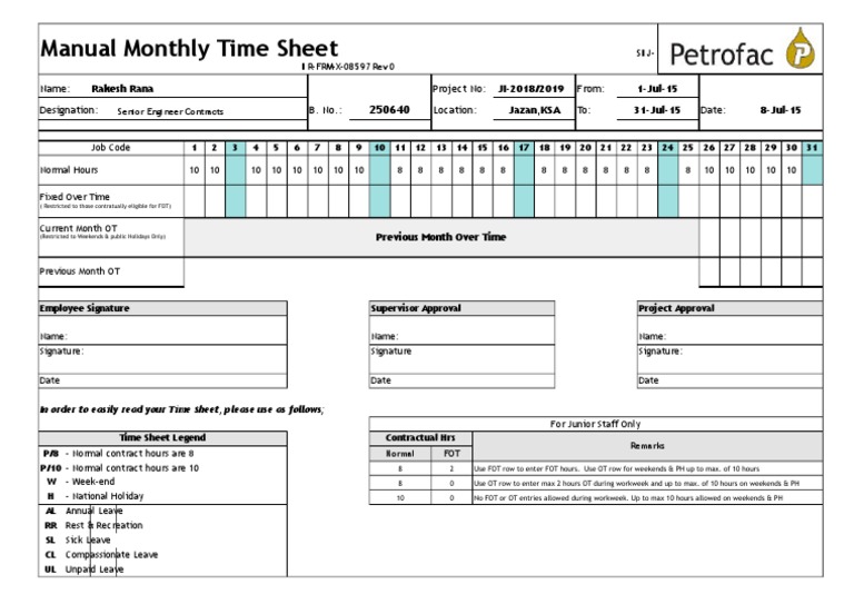 Monthly Time Sheet Template for Engineers | PDF