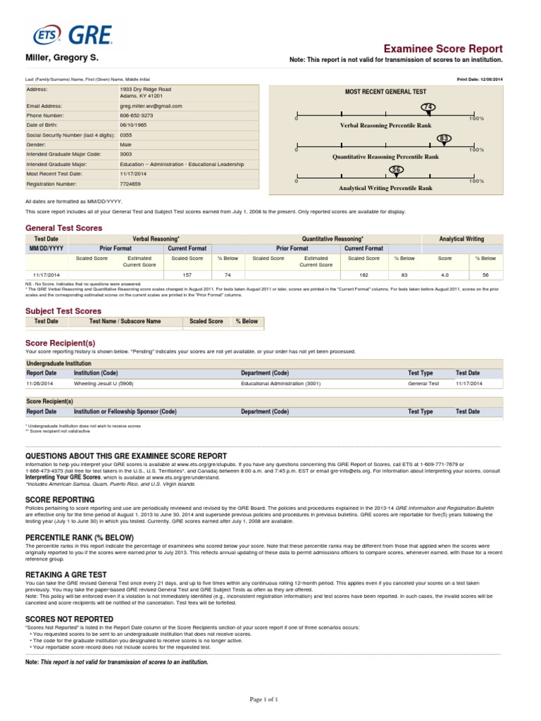 GRE Examinee Score Report Summary | PDF | Graduate Record Examinations ...