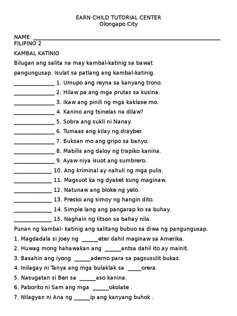 Grade 2 Filipino Worksheet