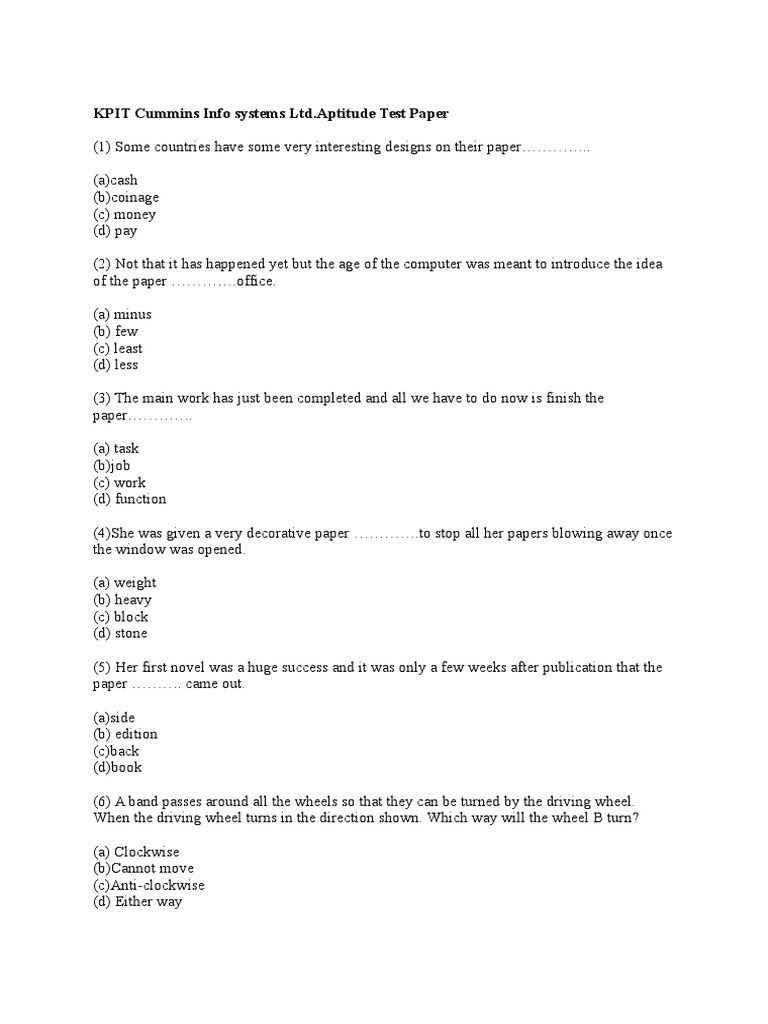 KPIT Cummins Aptitude Test Paper | PDF | Low Pass Filter | Electronic ...