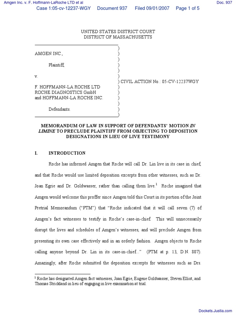 Roche's Motion to Use Deposition Testimony | PDF | Deposition (Law ...