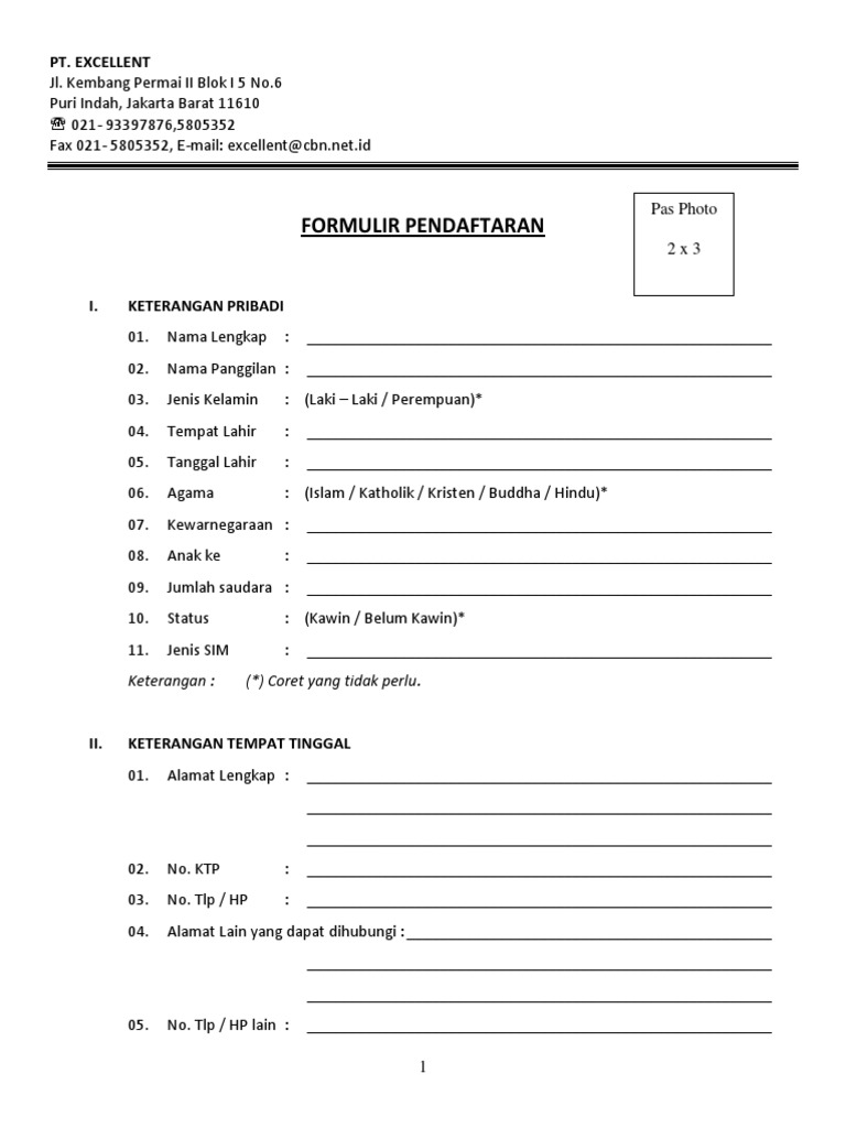 Contoh Formulir Lamaran Kerja