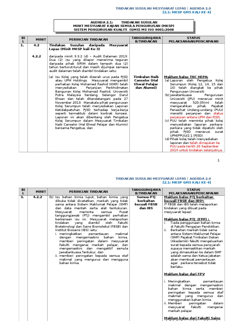 Format Agenda 2 1 Tindakan Susulan Mksp Qms Ke 4 Pdf