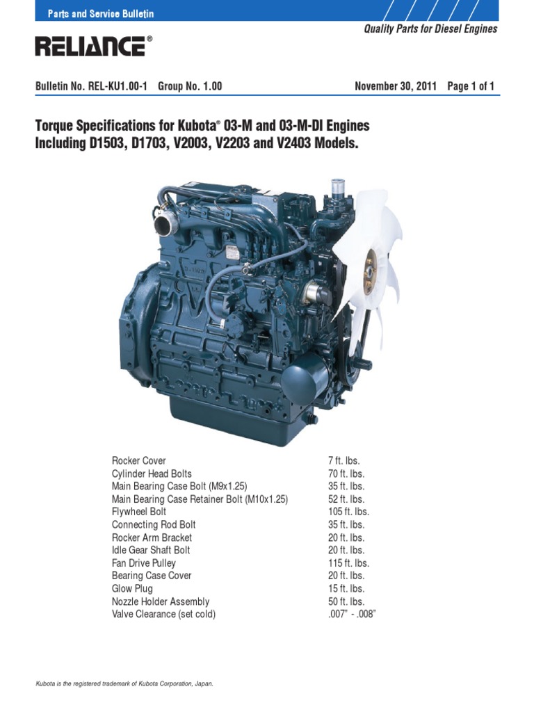 Torques Kubota Vehicle Parts Engine Technology