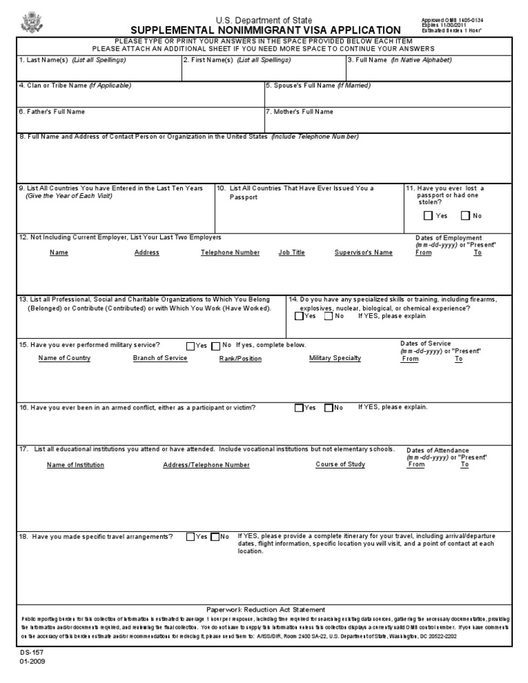 DS-157 Nonimmigrant Visa Application | PDF | Government | Business