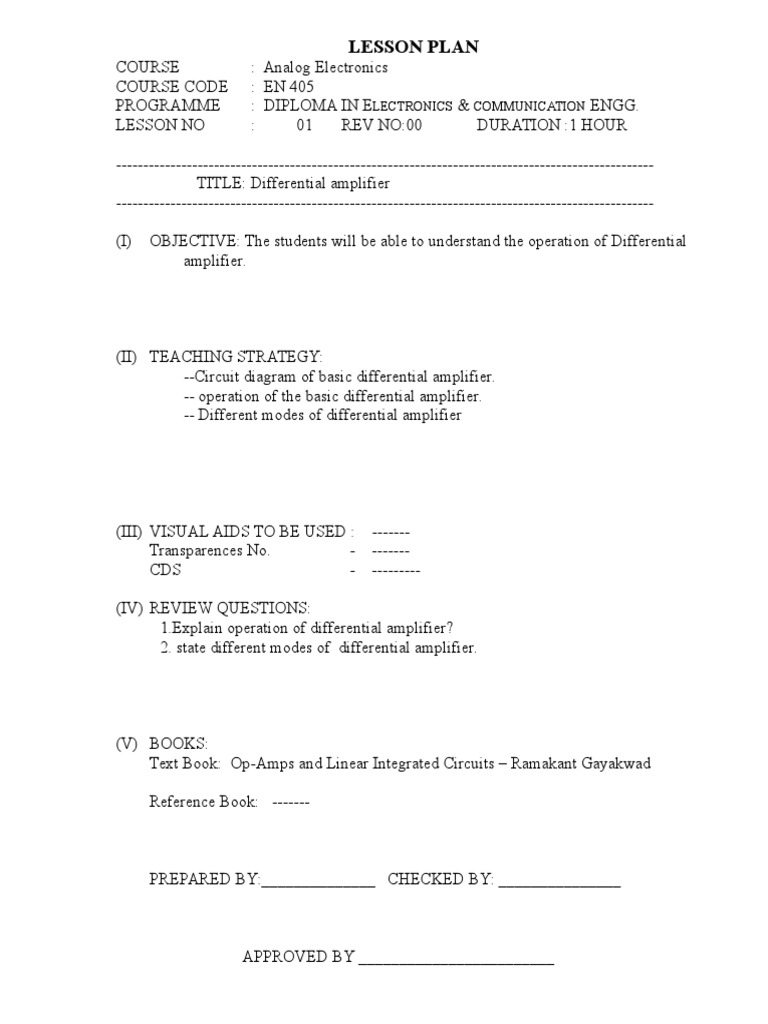 Differential Amplifier Lesson Plan | PDF | Operational Amplifier ...
