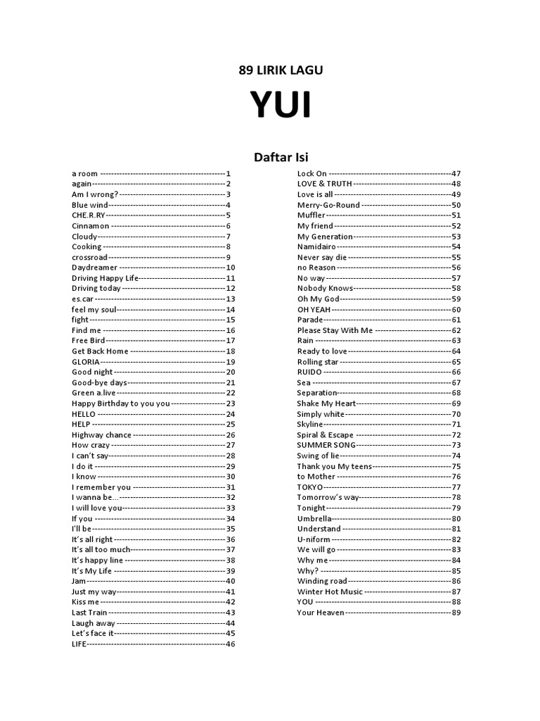 Yui Songs Collection Lyrics