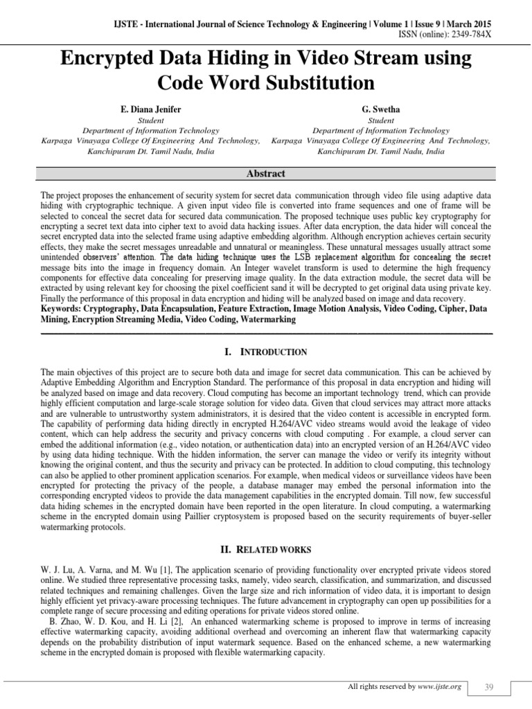 Encrypted Data Hiding in Video Streams | PDF | Cryptography | Key ...