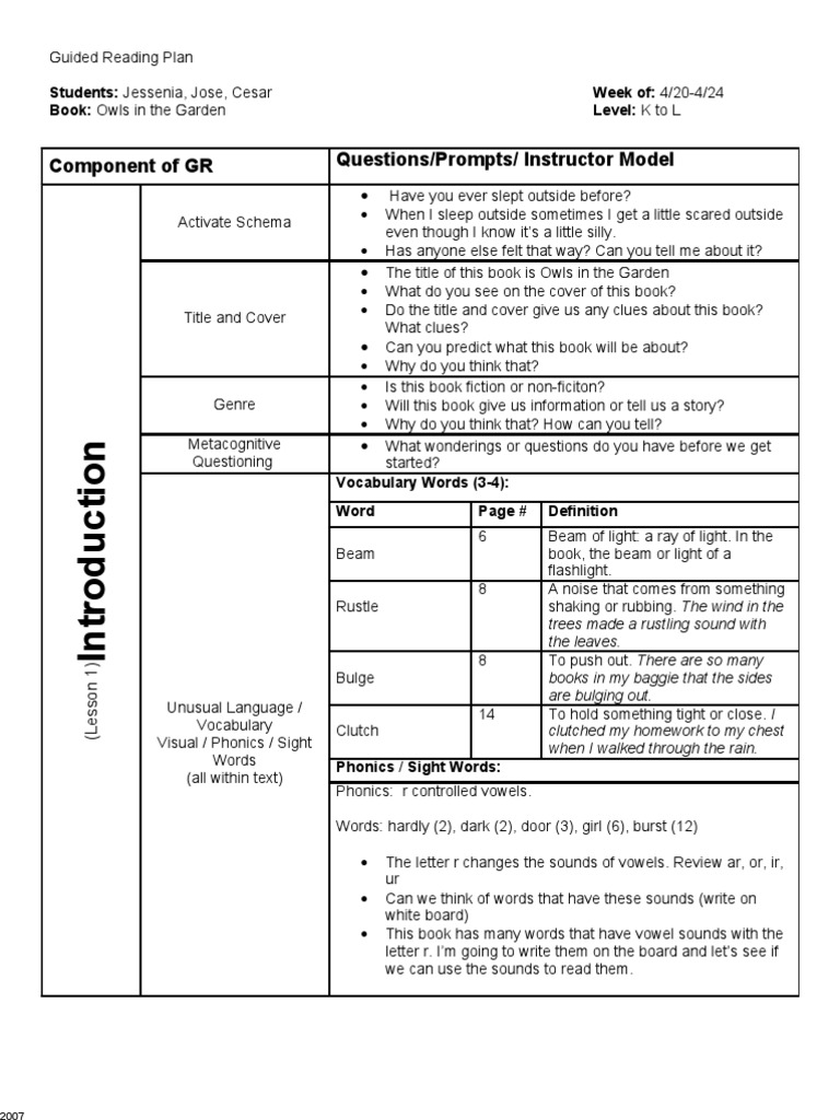 14.guided Reading Lesson Plan Example | Phonics | Reading Comprehension