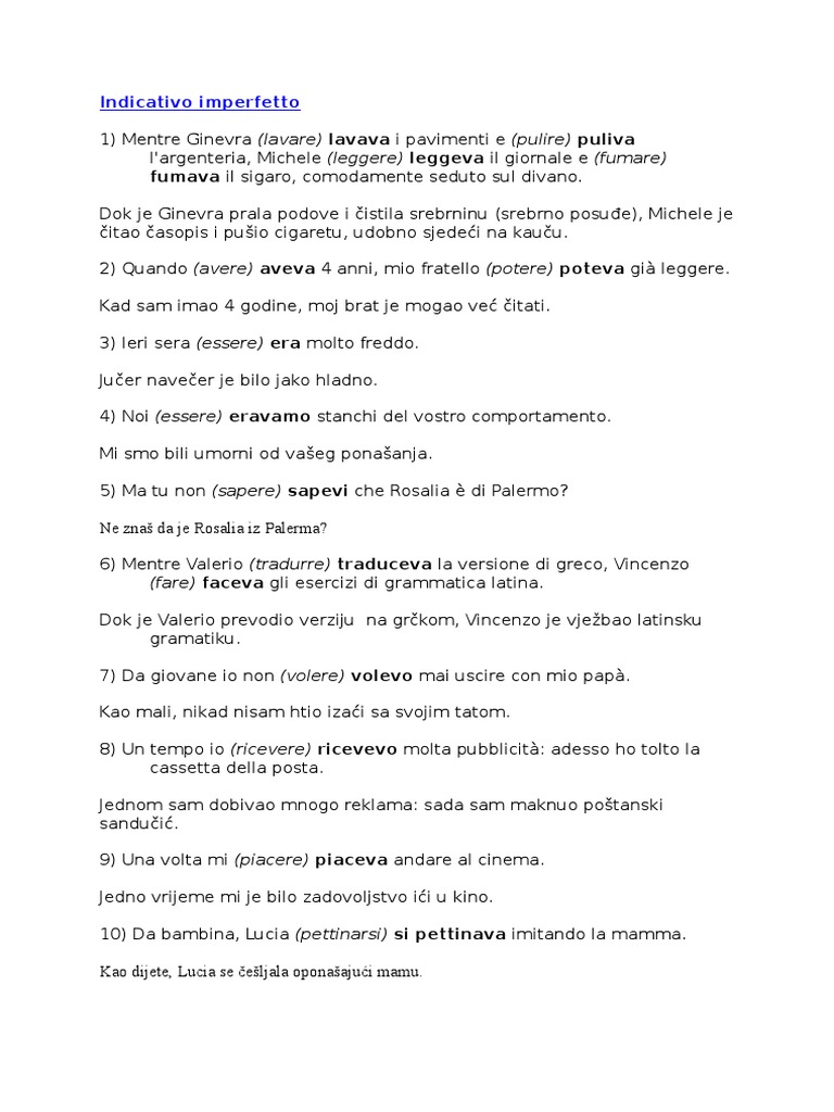 Indicativo Imperfetto Zadaća Riješena I S Prijevodom | PDF