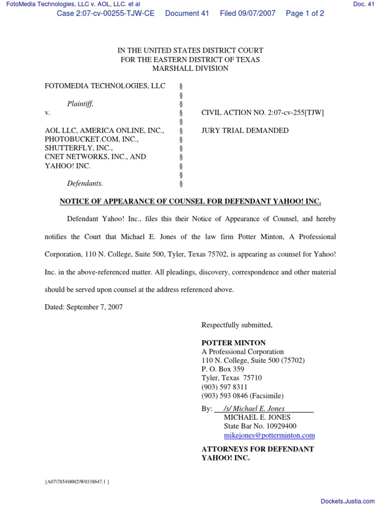 Plaintiff, Notice Of Appearance Of Counsel For Defendant Yahoo! Inc