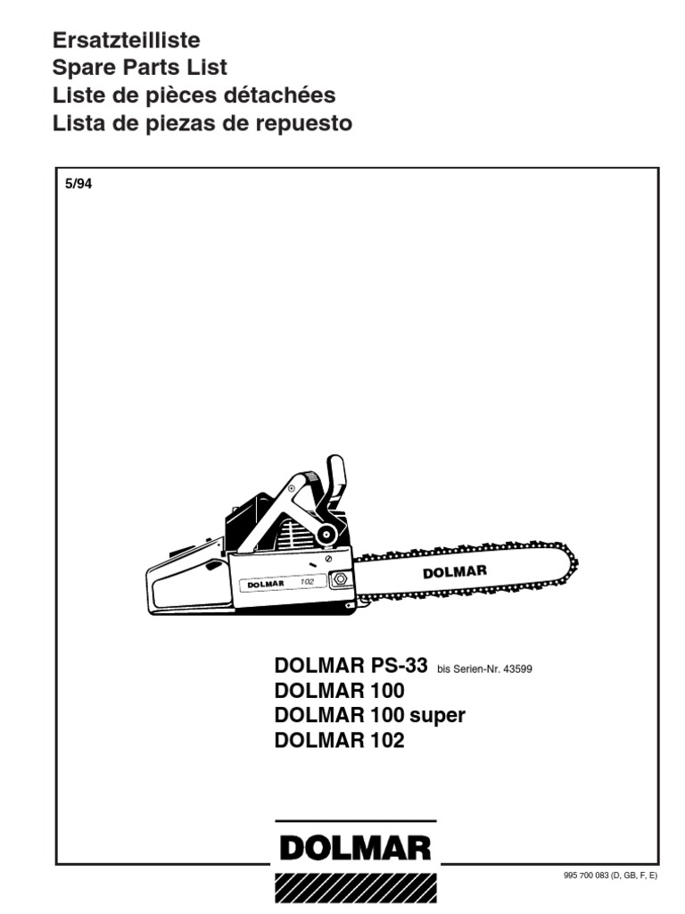 DOLMAR Parts Manual For Chainsaw Models PS33 100, 100s, 102 PDF Componentes Partes de