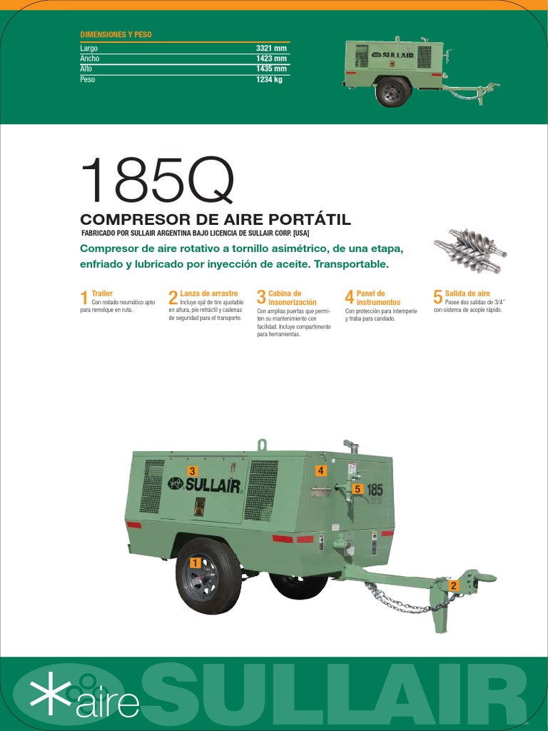 Ficha Técnica Compresor de Aire Sullair 185Q Vehículos