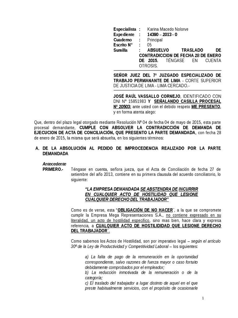 Absolución de Contradicción Laboral | PDF | Ley procesal | Salario