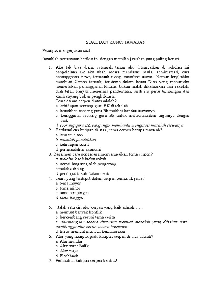 Soal Cerpen Dan Kunci Jawaban Bahasa Pdf