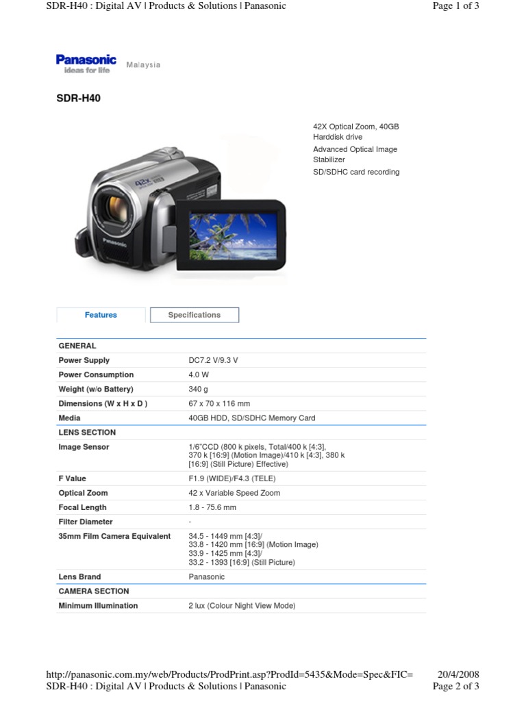Panasonic SDR-H40 Manual | PDF | Camera | Camera Lens