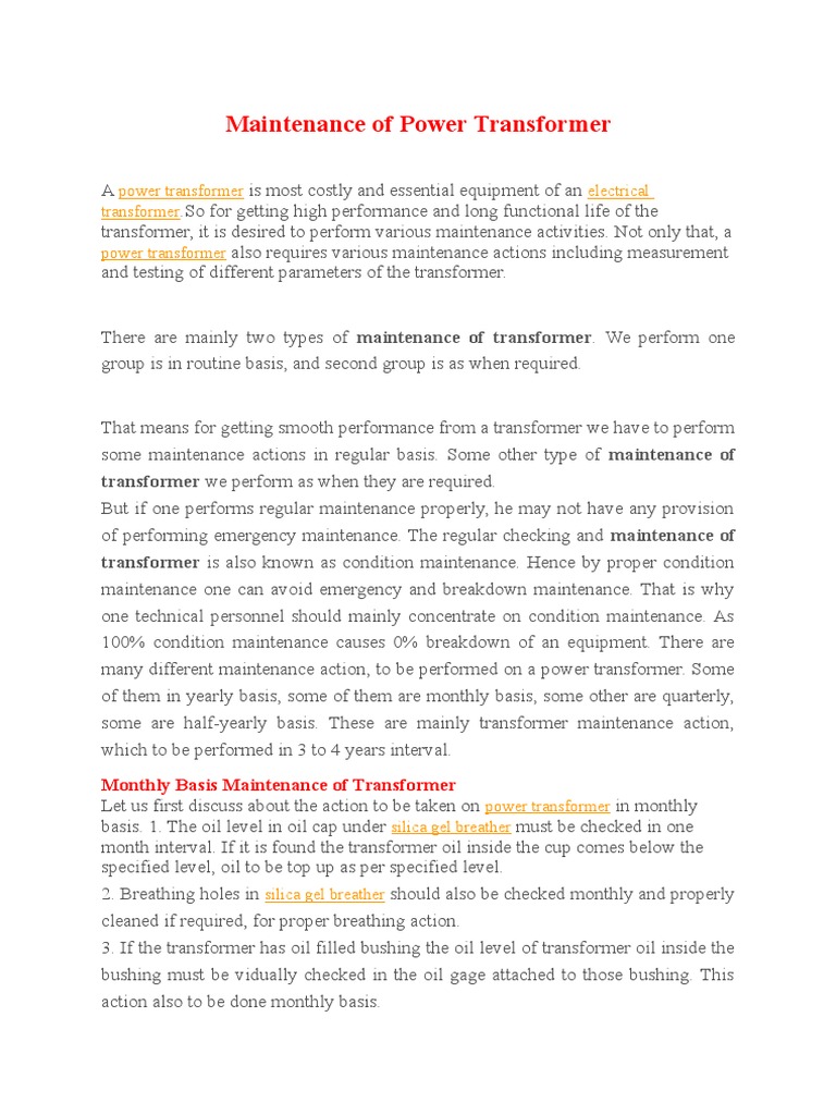 Power Transformer Maintenance PDF Transformer Relay