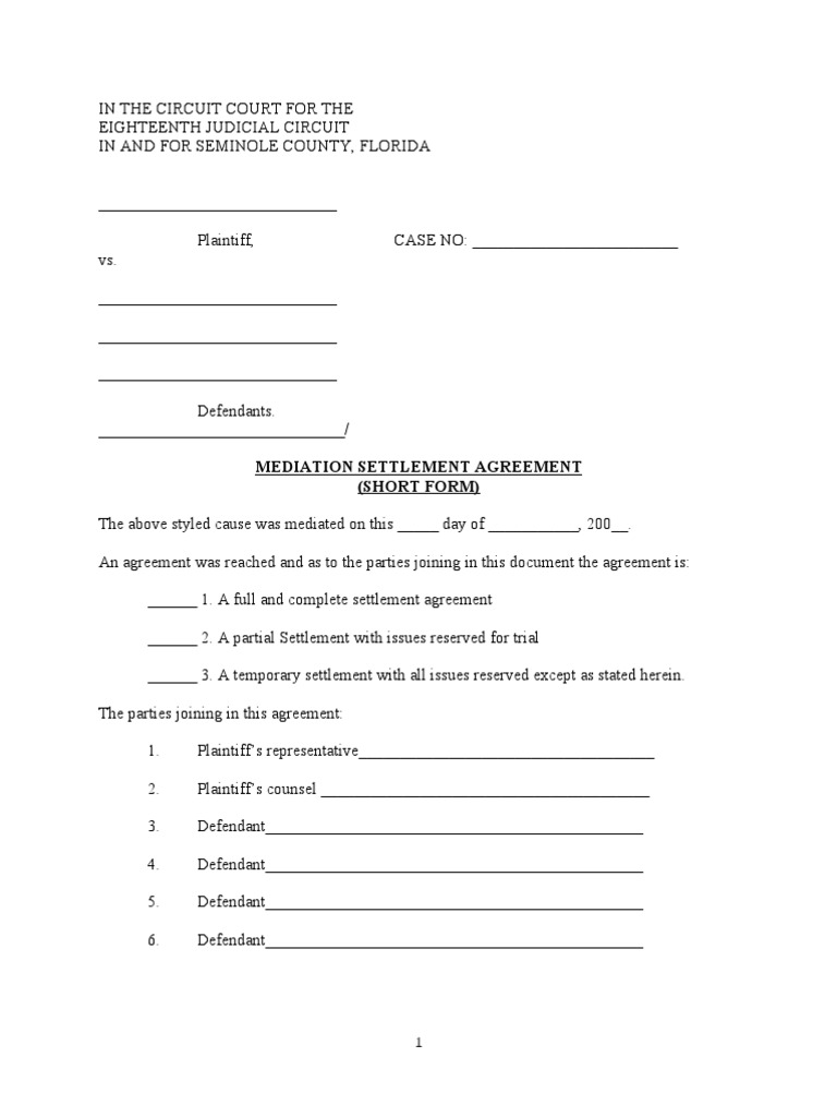 Mediation Settlement Agreement Short Form Pdf Settlement Litigation Judge