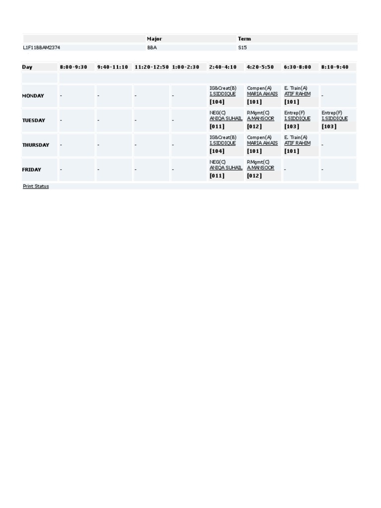 BBA Course Schedule and Timetable | PDF