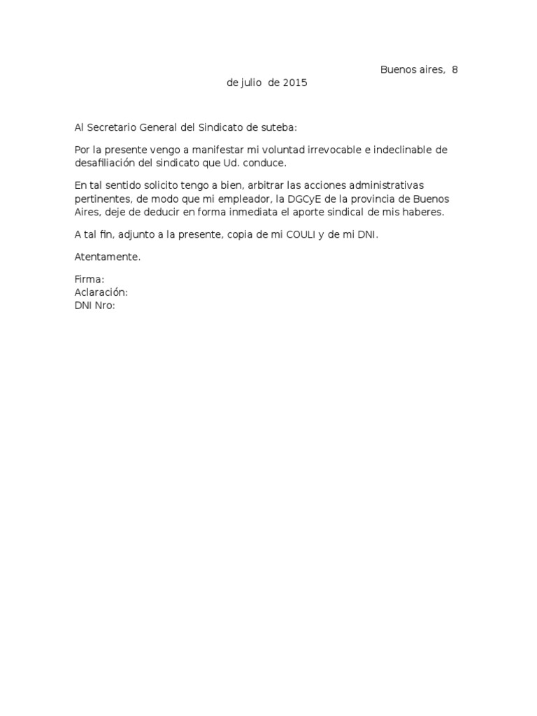 Carta De Desafiliacion Pdf Sindicato Relaciones Industriales