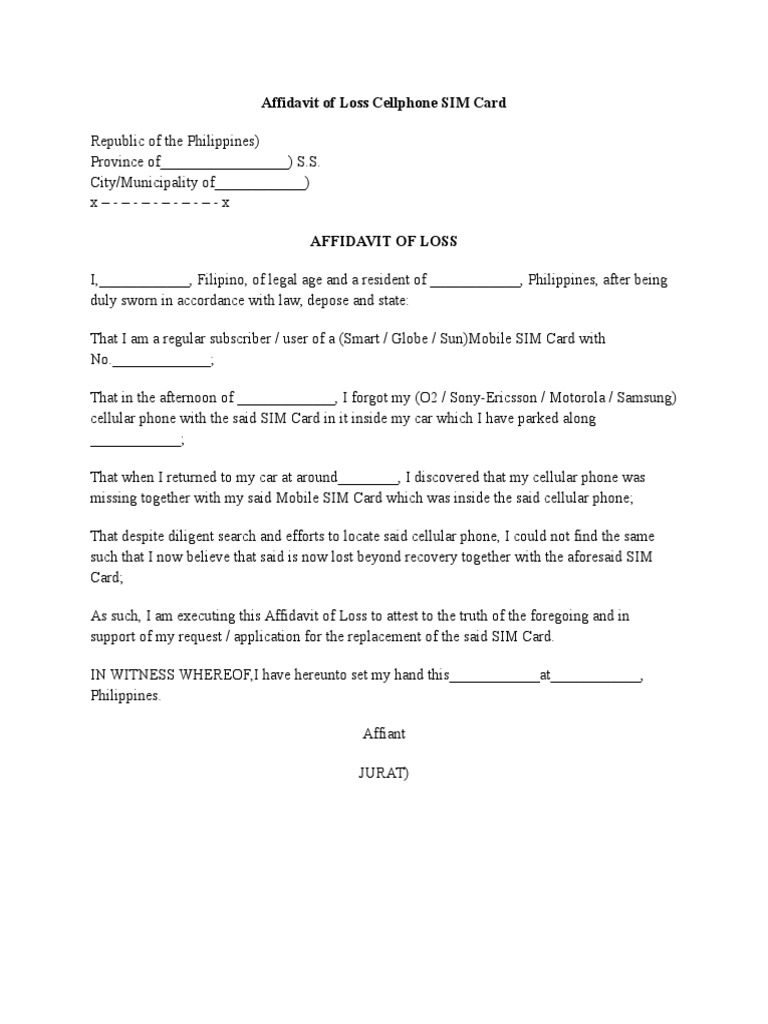 Affidavit of Loss For SIM Card | PDF