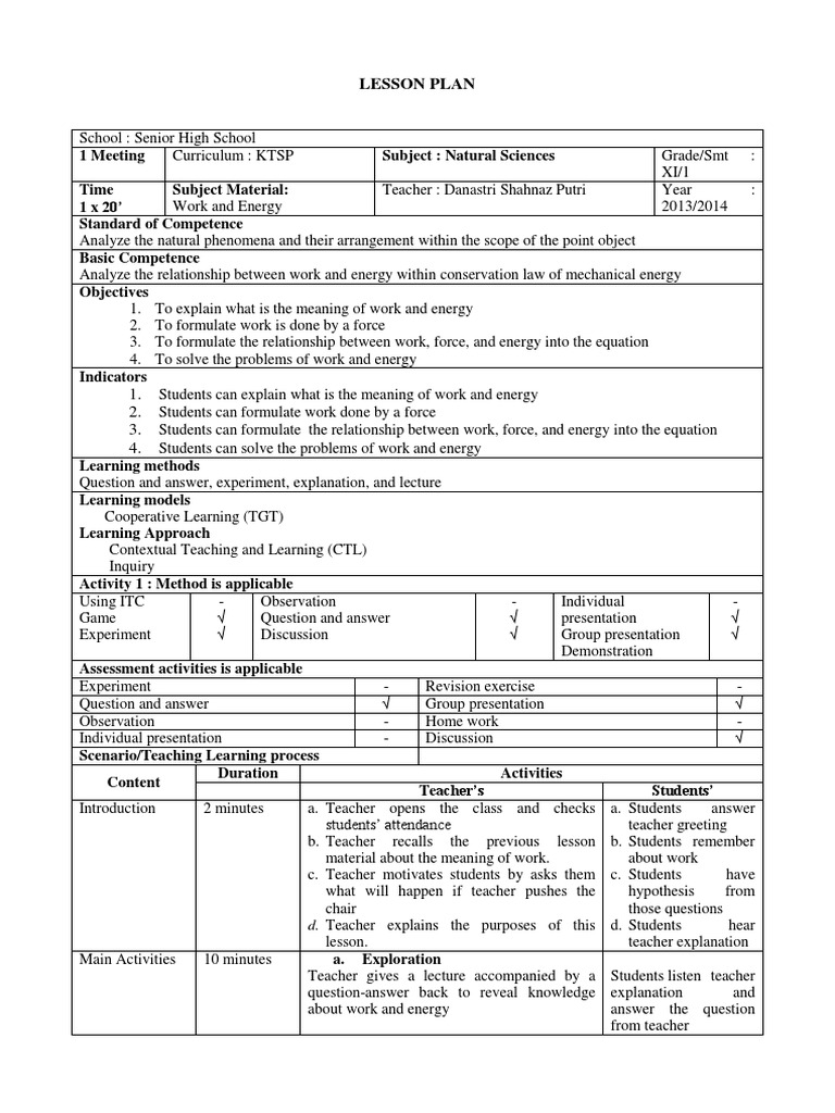 Work and Energy Lesson Plan Teachers Lesson Plan