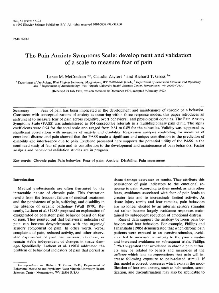 The Pain Anxiety Symptoms Scale - Development and Validation of A Scale ...