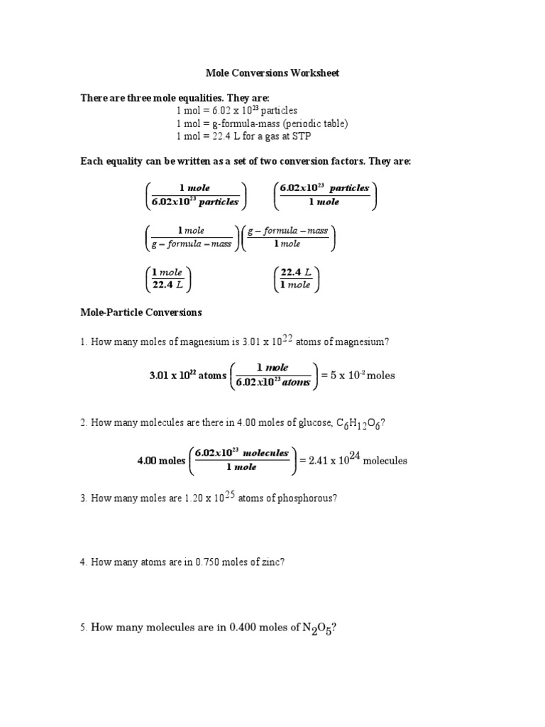Mole Conversions Worksheet Answers Mole Unit Gases