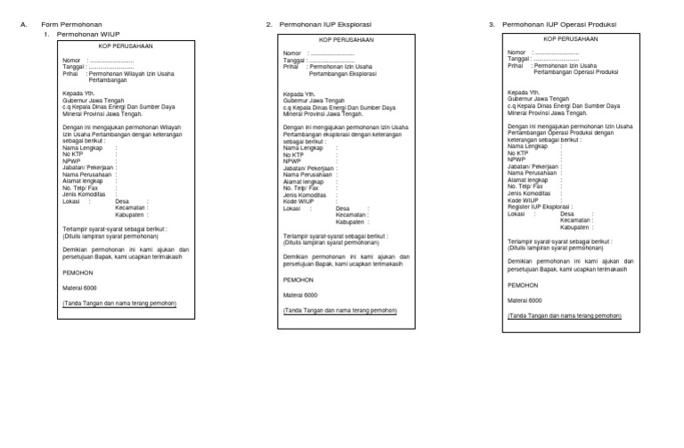 Contoh Surat Permohonan Izin Usaha Pertambangan