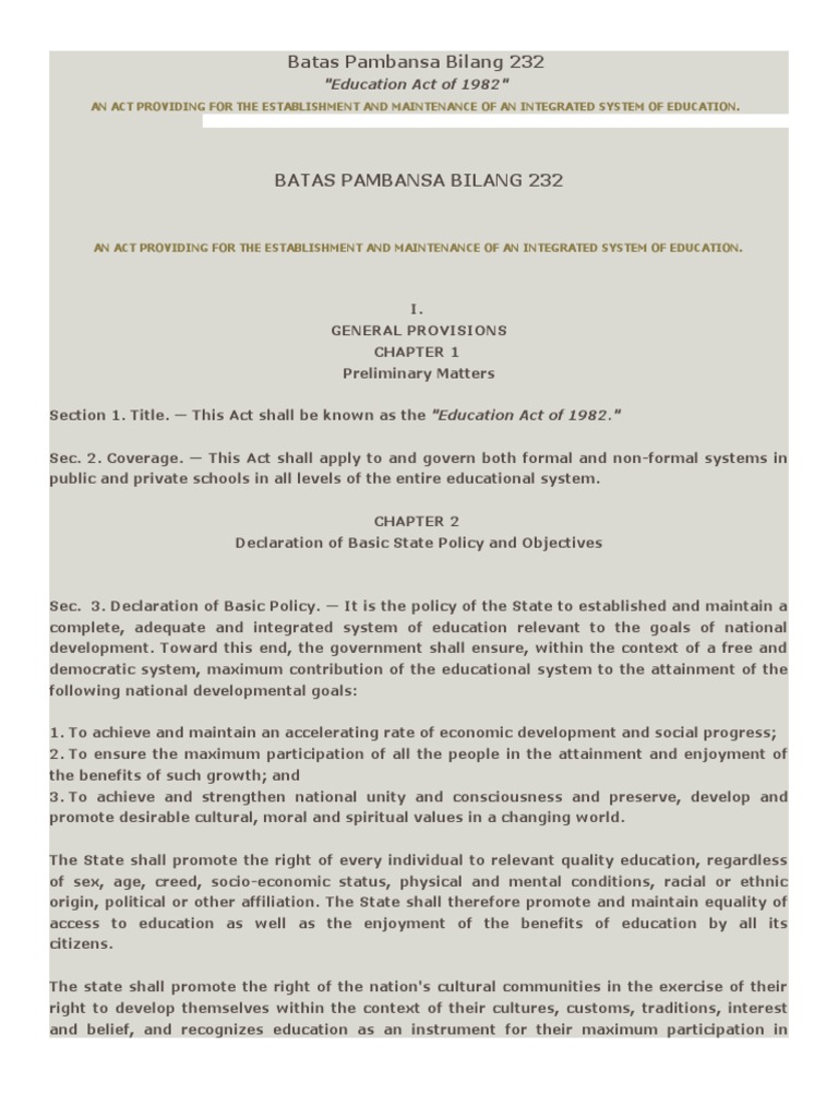 Batas Pambansa Bilang 232-Education Act of 1982 | Higher Education ...