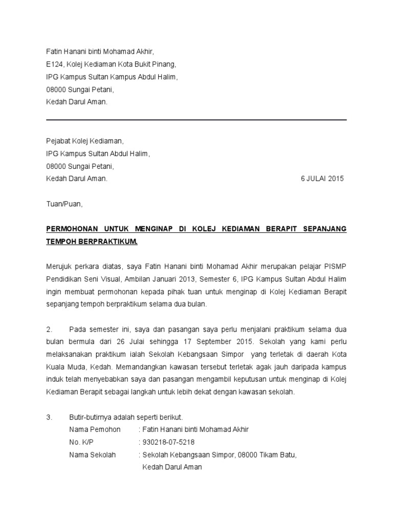 Surat Permohonan Kolej Kediaman Pdf